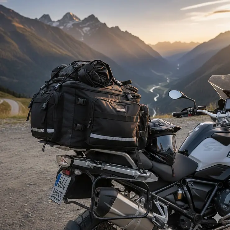 A large motorcycle tail bag securely mounted on the rear seat of a touring bike for long-distance travel.