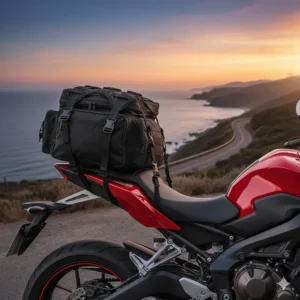 A large motorcycle tail bag installed on the passenger pillion of a modern sport bike.