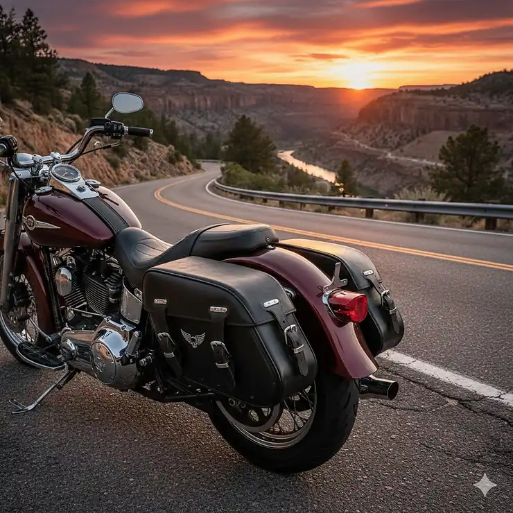 Pair of premium black leather motorcycle saddle bags mounted on a classic cruiser bike parked on a scenic road.