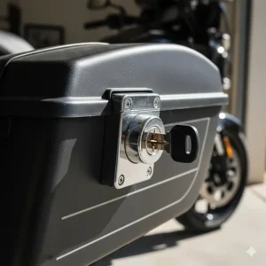 Secure locking mechanism on a motorcycle saddle bag with a key inserted in the deadbolt.