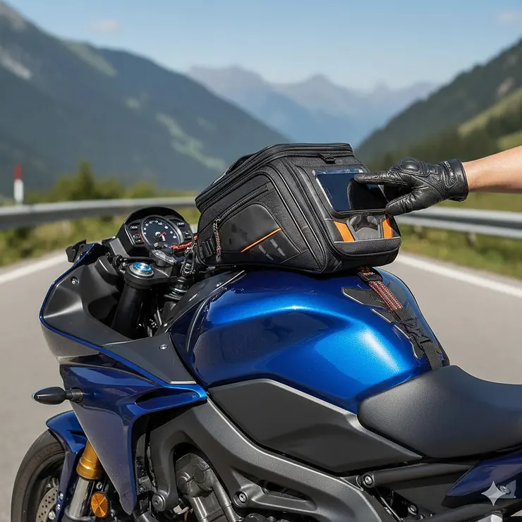 A sleek black magnetic motorcycle tank bag securely mounted on a metallic blue sportbike fuel tank.