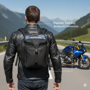 A magnetic motorcycle tank bag being carried as a backpack using detachable shoulder straps.