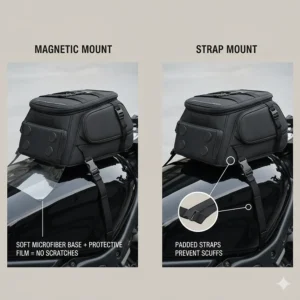 Comparison diagram of magnetic and strap-on motorcycle bags showing protective barriers between the bag and the tank.