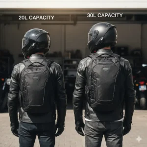 A comparison of 20L vs 30L cheap motorcycle backpack sizes relative to a rider's back.