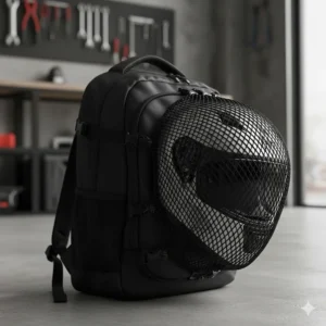 An affordable motorcycle backpack showing an integrated mesh net holding a full-face helmet.