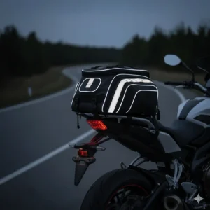 High-visibility reflective piping on a value motorcycle bag shown in low-light conditions.