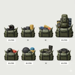 Infographic showing different motorcycle dry bag sizes from 20L to 60L with common gear items.