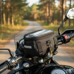 A small motorcycle handlebar bag used for storing easy-access essentials like keys and phones.