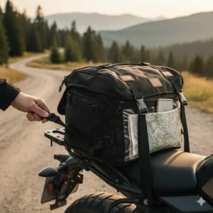 Close-up of a versatile rear tail bag showing the mounting straps and secure fit.