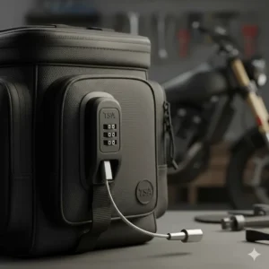 Illustration showing an integrated TSA-approved combination lock on a motorcycle tail bag.