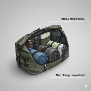 Cutaway view of a motorcycle dry bag showing internal mesh pockets and organized riding gear.