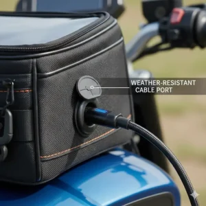 Illustration of a weather-resistant cable port for charging devices inside a magnetic motorcycle bag.