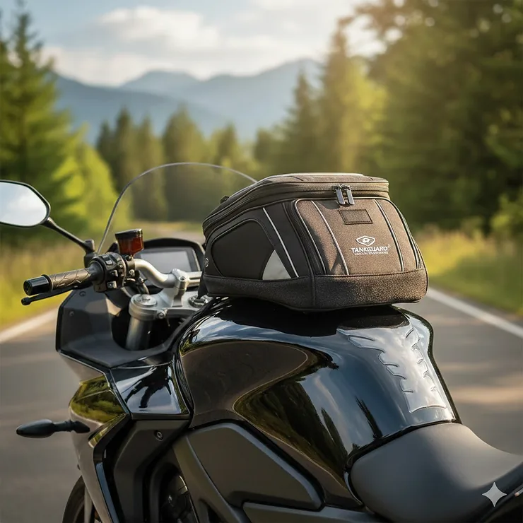 A premium magnetic motorcycle tank bag with a soft microfiber base mounted on a gloss-finish fuel tank to prevent scratches. motorcycle bag won't scratch tank