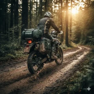 Illustration of a mud-splattered dry bag on a dual-sport motorcycle during an off-road trip.