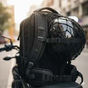 Close-up of ergonomic padded shoulder straps and chest buckle on a motorcycle backpack with helmet holder.