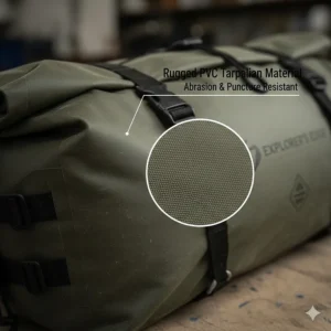 Close-up of heavy-duty PVC tarpaulin fabric used in rugged motorcycle dry bag construction.