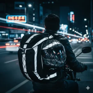 High-visibility motorcycle backpack with reflective strips and a helmet holder illuminated in low-light conditions.