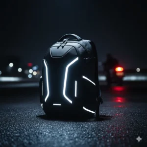 High-visibility reflective strips on a budget motorcycle backpack for night riding safety.