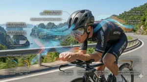 Illustration of a road cyclist wearing an aerodynamic sport helmet in a low-drag racing tuck.