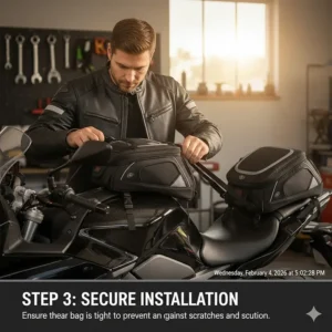 Illustration of a properly tightened tank bag showing zero movement or friction against the motorcycle's finish.