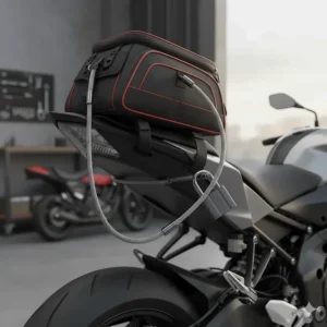 Diagram of a heavy-duty steel locking cable securing an anti-theft bag to a motorcycle frame.