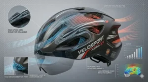 Side view illustration of a streamlined sport helmet profile designed for high-speed stability.