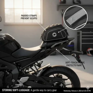 Illustration of a soft-shell motorcycle tail bag with padded straps designed to protect the rear fairing from scuffs.