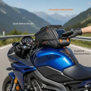 Diagram showing how to attach the secondary safety headstock strap to a magnetic tank bag.