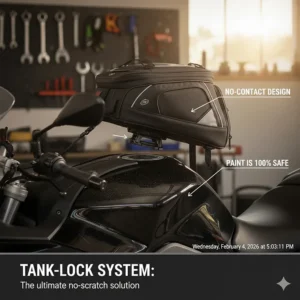 Illustration of a tank-lock ring system that hovers the bag above the tank so it won't scratch the paint.