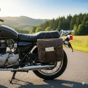 Side view of universal-fit motorcycle saddlebags mounted on a standard street bike.