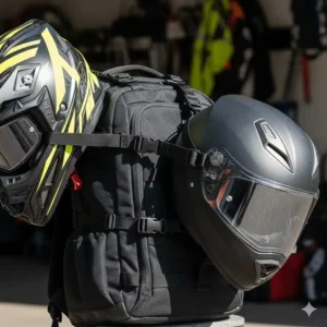 Detail shot showing the adjustable straps of a motorcycle backpack fitting different sizes of motocross and street helmets.