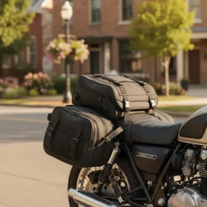 Universal fit soft fabric motorcycle saddle bags with adjustable throw-over straps.