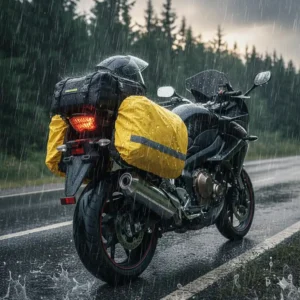 Close-up of a large motorcycle tail bag with a waterproof rain cover during heavy rain.