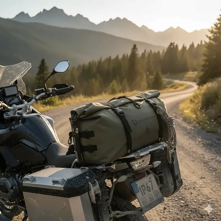 A fully loaded waterproof motorcycle dry bag strapped to the rear rack of an adventure touring bike.