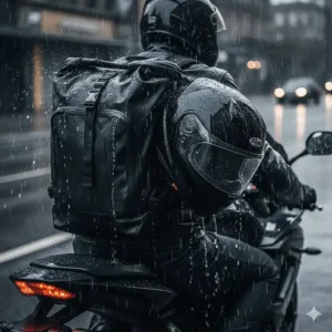 A waterproof motorcycle backpack with helmet holder showing water beads rolling off the fabric during a rain ride.