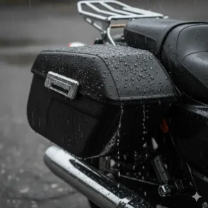 Close-up of water droplets beading on a waterproof motorcycle saddle bag during heavy rain.