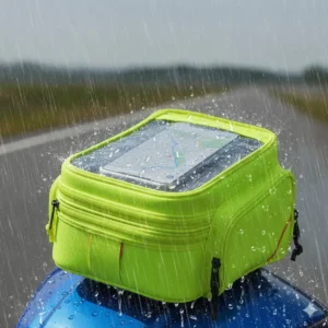 A magnetic tank bag equipped with a high-visibility waterproof rain cover for all-weather riding.
