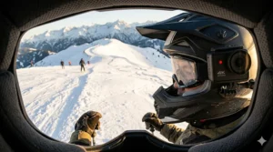 First-person perspective of a skier using a 4K helmet camera on a snowy slope.