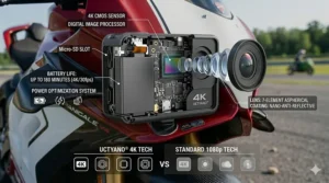 An infographic showing the long-lasting battery and internal sensor of a modern 4K helmet camera.