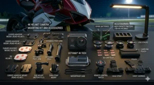 An array of adhesive mounts, screws, and straps included with a 4K helmet camera kit.