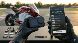 A user syncing a 4K helmet camera to a smartphone app via Wi-Fi for instant video editing.