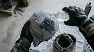 Hands soaking a motorcycle skull cap in water to activate the evaporative cooling technology.
