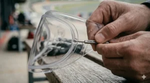 Close-up illustration of adjusting eccentric pins to increase tension on a Pinlock anti-fog system.