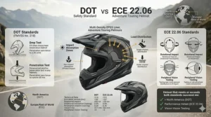 Infographic comparing DOT and ECE certifications for top rated adventure touring helmets.