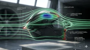 3D illustration showing wind tunnel airflow over an ultra-lightweight carbon helmet.