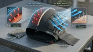 Comparison graphic showing a performance wicking cap regulating temperature in both summer and winter riding conditions.