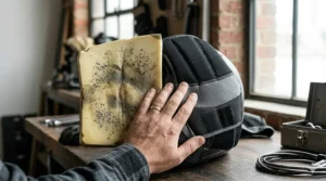 Comparison between a standard foam pad and an anti-microbial helmet liner showing the reduction in bacterial growth.