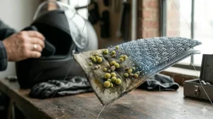 Graphic illustrating how sweat creates a breeding ground for Staphylococcus aureus inside a helmet without an anti-microbial liner.