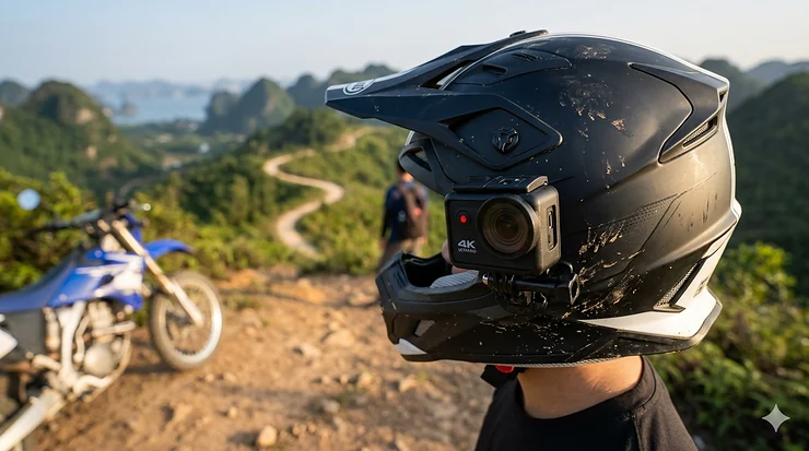 A high-definition 4K helmet camera mounted on a professional mountain biking helmet against a scenic mountain backdrop.