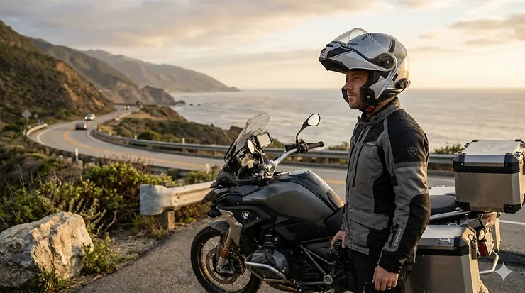 A motorcycle rider wearing a premium long distance comfort helmet during a sunset highway tour.